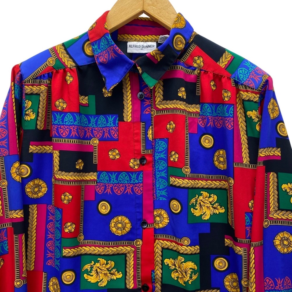 Alfred Dunner Blouse Womens 18 Multi Color Baroque Print Button Up Vintage AOP